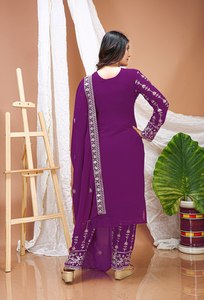 Ensemble Salwar en Georgette Violet Brodé pour Femme, Style Traditionnel Indien et Pakistanais, Tenue Décontractée, Coupe Classique, Longueur au Sol, Ensemble Complet - Product Image 5