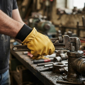 Heavy Duty Driver Style <b>Leather</b> Work Gloves Yellow Goat Grain <b>Leather</b> With Black Safety <b>Cuff</b> For Construction & Industrial Use - Product Image 2