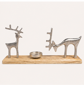 Handcrafted Silver Aluminum Reindeer Candle Holder With Natural Mango Wood Base For Christmas Home Tabletop And Festive Accents - Product Image 1