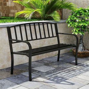 Banc de jardin extérieur résistant aux intempéries, banc de patio en métal avec dossier à lattes et accoudoirs incurvés pour jardin, cour, parc et patio - Product Image 5