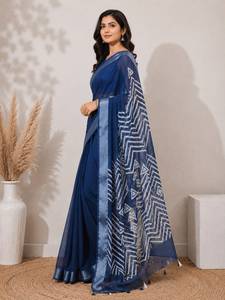 Sari en coton et lin bleu avec imprimé géométrique et bordure argentée, vêtement décontracté pour femmes, style indien traditionnel, longueur au sol, Bengale occidental - Product Image 3