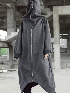 Plus Size New Washed Zip-Up Hoodie with Curved Hem Deep Gray Stylish Casual Design Pockets for Warmth ODM Service 100% Cotton - Product Image 4