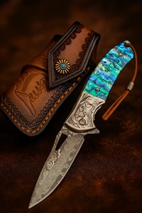 Cuchillo de Bolsillo Damasco Forjado a Mano, Cuchillo Plegable con Mango Decorativo de Lujo y Funda de Cuero, Venta al Por Mayor, Suministro a Granel, EE. UU. y Europa - Product Image 3