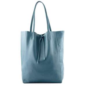 Sac fourre-tout en cuir véritable bleu, sac à bandoulière grainé avec détail cordon de serrage, grande capacité pour le shopping, les voyages et le quotidien - Product Image 3