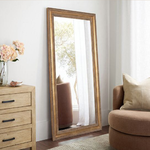 Tall floor <b>mirror</b> with a trapezoidal wood frame tapering outward at the base, available at wholesale prices. - Product Image 4