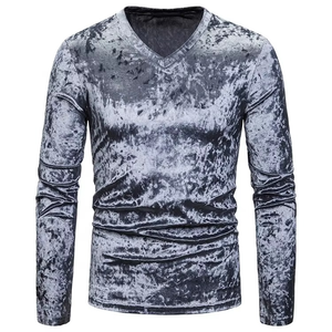 T-shirt en velours à col en V pour homme, logo personnalisé de haute qualité, tissu en coton 100 %, style décontracté tendance, imprimé graphique - Product Image 1