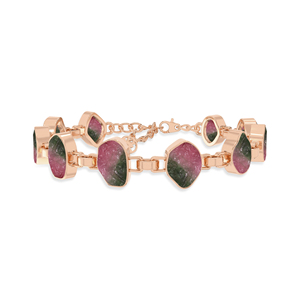 18K Solid Gold High Finish Trendy Unisex Bracelet Bezel Setting Chain Design Fish Lock Style Natural Watermelon Tourmaline Stone - Product Image 1