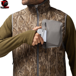 Men Outdoor Softshell <b>Utility</b> <b>Vest</b> High Neck Stand Collar Full Zip Grey Contrast Patch Chest Zipper Pocket Tree Bark Print <b>Vest</b> - Product Image 4