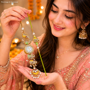 Beautiful Kashmiri <b>Watch</b> and Rakhi Pair for Raksha Bandhan, Traditional Handcrafted Festive Gift Combo Set - Product Image 4