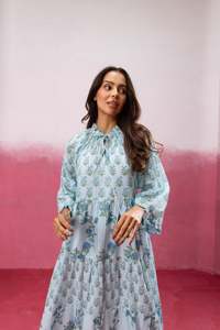 Women Floral Printed Floor-Length Bell Sleeve Boho Cotton <b>Loose</b> Fit Tie Neck Eco-Friendly Tassel Casual Summer <b>Dress</b> - Product Image 5