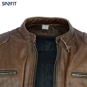 Chaqueta de cuero marrón retro para hombre, con cuello alto y cremallera, estilo motociclista, para otoño e invierno - Product Image 6