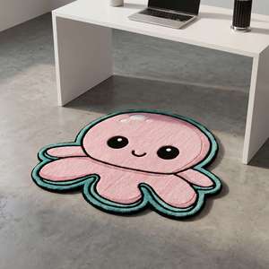 Tapis décoratif doux en laine tuftée à la main, motif géométrique moderne, pieuvre rose mignonne, très demandé, pour chambre d'enfant - Product Image 3