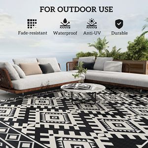 Tappeto da esterno reversibile bianco e nero 9 'X 18' impermeabile in plastica con bordo a rombo borsa - Product Image 6