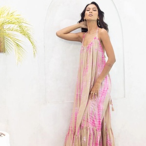 Maxi Dress Beach <b>Kaftan</b> Tye-Die Brown Soft Cotton A-Line Silk Lining Goddess Summer Resort Wear Gift Her Loose Fit <b>Plus</b> <b>Size</b> - Product Image 1