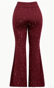 Hardhoodi Interation Pantalones deportivos acampanados de cintura alta para mujer con puntos blancos, cintura elástica, longitud completa, color burdeos, para las cuatro estaciones - Product Image 2