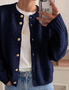 Cardigan en tricot bleu uni à manches longues avec fermeture boutonnée, pull d'automne 100% acrylique, coupe classique - Product Image 5