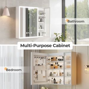 Mobiletto a Specchio Moderno Bianco in Truciolato con LED (20+8.5*28 Pollici) con 1 Anta a Specchio in Vetro e 1 Anta in Vetro Changhong - Product Image 5