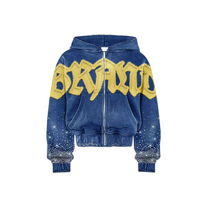 Custom Embroidered Men's Streetwear Hoodie Vintage Washed <b>Rhinestone</b> Zip Up Hoodie Casual Winter Fashion <b>Jacket</b> - Product Image 4