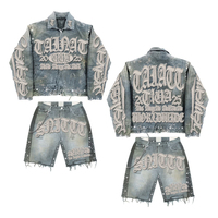 Veste et short en jean en toile délavée vintage avec logo brodé personnalisé style streetwear et strass pour homme