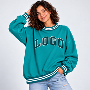 Custom OEM <b>Women</b> Oversized Varsity Sweatshirt <b>Green</b> Cotton Crew Neck Letter Print Striped Trim Regular Fit Autumn Wear - Product Image 1