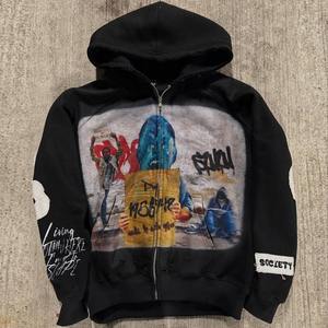 Ensemble de survêtements tricotés pour homme, style streetwear personnalisé, en coton uni, délavé à l'acide, respirant, 420g, hiver, avec fermeture éclair et double taille - Product Image 4