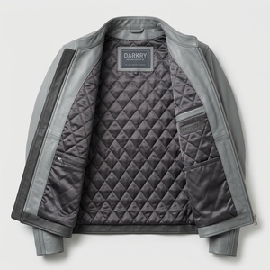 Factory Mens Slate Grey Leather <b>Cafe</b> <b>Racer</b> <b>Jacket</b> Chest Zip Pocket Contrast Side Panel Racing Sleeve Custom OEM Supplier - Product Image 5