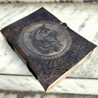 Carnet artisanal en cuir véritable d'Inde, couverture rigide, vintage, gaufré, bords festonnés, reliure cousue main, sans acide