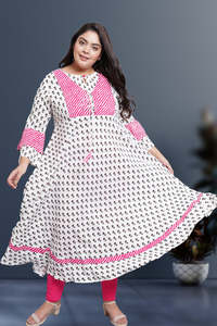 Anarkali Kurta en rayonne à rayures et imprimé doré, évasé, ethnique, rose et blanc, pour l'été, protection solaire, vente en gros, traditionnel, décontracté, festif - Product Image 3