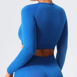 Vente en gros de vêtements de sport pour femmes avec logo personnalisé, hauts courts à manches longues extensibles sans couture, pantalons de yoga - Product Image 1