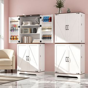 Credenza da Cucina Alta 75 Pollici Bianca e Marrone, Armadio Rustico con Porte Scorrevoli, Ripiani Regolabili e Cassetto - Product Image 3