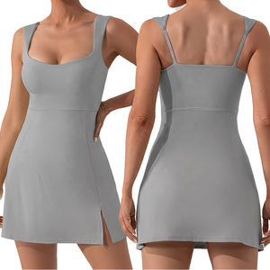Vestido de Tenis Ajustado con Cuello Cuadrado Rosa para Mujer, Ropa de Verano Transpirable, Color Sólido, Sin Mangas - Product Image 4