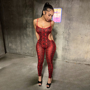 Combinaison moulante sans manches pour femme, imprimé serpent rouge, taille haute, coupe ajustée, transparente, sans couture, style club, longueur intégrale - Product Image 3