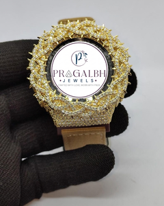 Reloj de Lujo con Diamantes, Bisel con Incrustaciones, Acero Inoxidable Dorado, Correa de Cuero, Estilo Hip Hop para Hombre - Product Image 1