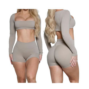 Conjunto de yoga de 2 piezas para mujer, transpirable, ajustado, con bordado, para fitness y gimnasio, efecto levantamiento de glúteos, manga larga, venta al por mayor - Product Image 1