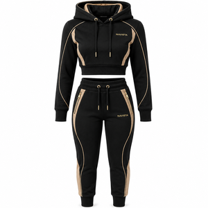 Women's Streetwear Heavyweight Logo Patches Zipper 100% Cotton Fleece 2 Piece Long Set Hoodie & Crop <b>Top</b> Sweatsuits Winter - Product Image 4