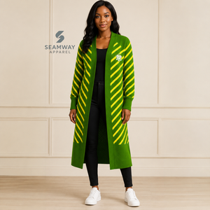 Chi Eta Phi Women's Longline Open Front <b>Cardigan</b> Green Yellow Striped Ribbed Cuffs Embroidered Duster <b>Sweater</b> With Side Slits - Product Image 6