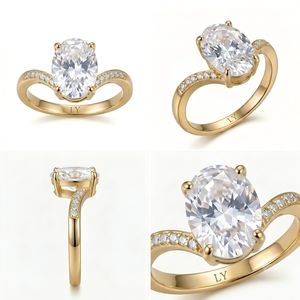Anillo de Compromiso y Boda LY Clásico con Circonita Cúbica 5A de Corte Ovalado, Bañado en Oro Amarillo de 18K, con Tallo Curvo y Acentos Pavé, Promesa - Product Image 5