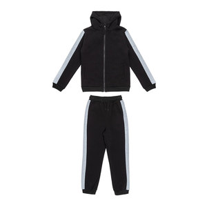 Ensemble de survêtement à capuche noir pour garçons, manches longues, couleur unie, fermeture éclair sur le devant, poches latérales, vêtements d'automne, 100% coton - Product Image 1