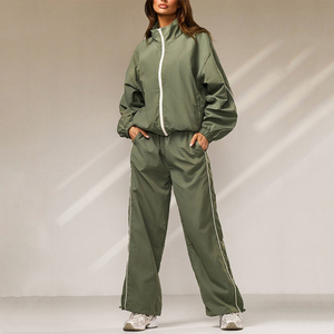 Survêtement pour femmes, couleur unie, coupe ample, veste et pantalon à fermeture éclair sur toute la longueur, ensemble respirant en Polyester, vêtements de printemps - Product Image 6