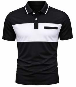 Polo à manches courtes pour homme, color-block, avec poche, respirant, en tricot, design décontracté, noir et blanc - Product Image 1