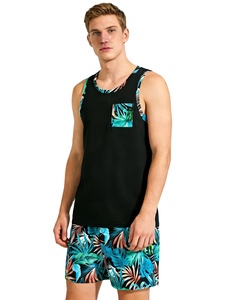 Men's Tropical Plant Print Casual Two-Piece Loungewear Set with Black Panel Tank Top Print Shorts 100% Cotton Quick Dry Summer - Product Image 5