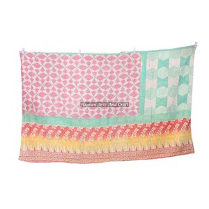 Indian Handmade Block Print Kantha <b>Quilt</b> Bedspread Bedding Set Indian Reversible Hand Stitched Heavy <b>Throw</b> Old Sari Blanket - Product Image 1