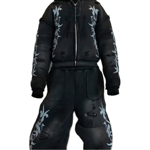 Ensembles de survêtements amples personnalisés pour hommes, comprenant un sweat à capuche et un pantalon de survêtement évasé imprimé, en coton délavé à l'acide, style streetwear - Product Image 4