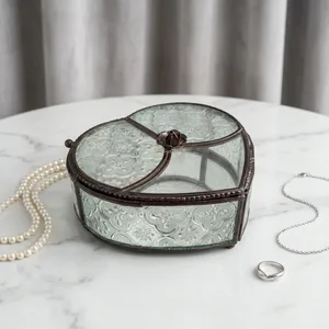 Artisan Design Heart-Shaped Glass Jewelry <b>Box</b> <b>Floral</b> Pattern Metal Frame Decorative Storage Organizer for Necklaces Rings Model - Product Image 1