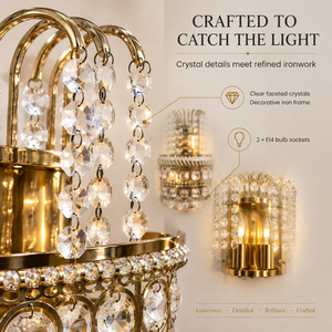 Lampe murale décorative de luxe en fer et cristal doré avec deux douilles E14 pour salon, chambre, couloir, hôtel - Product Image 4