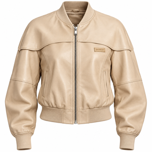 Blouson Bomber en Cuir de Mouton Crème Beige pour Femme avec Poignets Côtelés et Col Rabattu – Vêtement d'extérieur Décontracté OEM pour Dames – Vente en Gros - Product Image 1