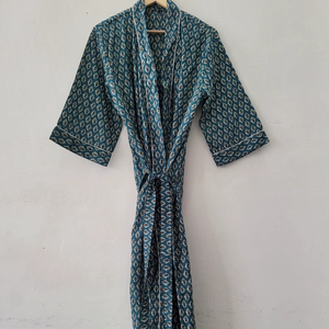 Robe Kimono en Coton Écologique Imprimé Flock, Loungewear Indigo, Taille Haute, Col en V, Motif Floral, Légère et Asymétrique - Product Image 1