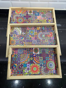 Vibrant Patchwork Enamel Printed MDF <b>Serving</b> Tray <b>Set</b> Colorful Decorative Wooden Tray with Handles for Dining Table Home Decor - Product Image 3