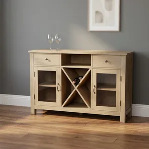 Meuble à vin en bois avec porte vitrée, deux tiroirs, casier à bouteilles intégré et étagères, rangement pour vin pour salon - Product Image 3