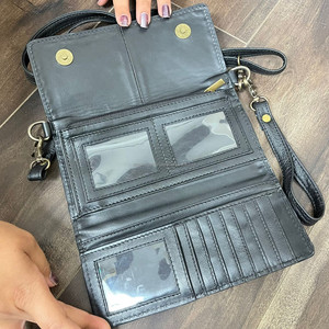 Prix usine usiné à la main en cuir à carreaux longue pochette portefeuille en cuir de vachette véritable bandoulière bracelet à trois volets portefeuilles pour femmes - Product Image 6